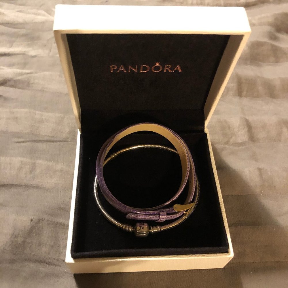STERLING 925 PANDORA CABLE BRACELET & PURPLE LEATHER BRACELET